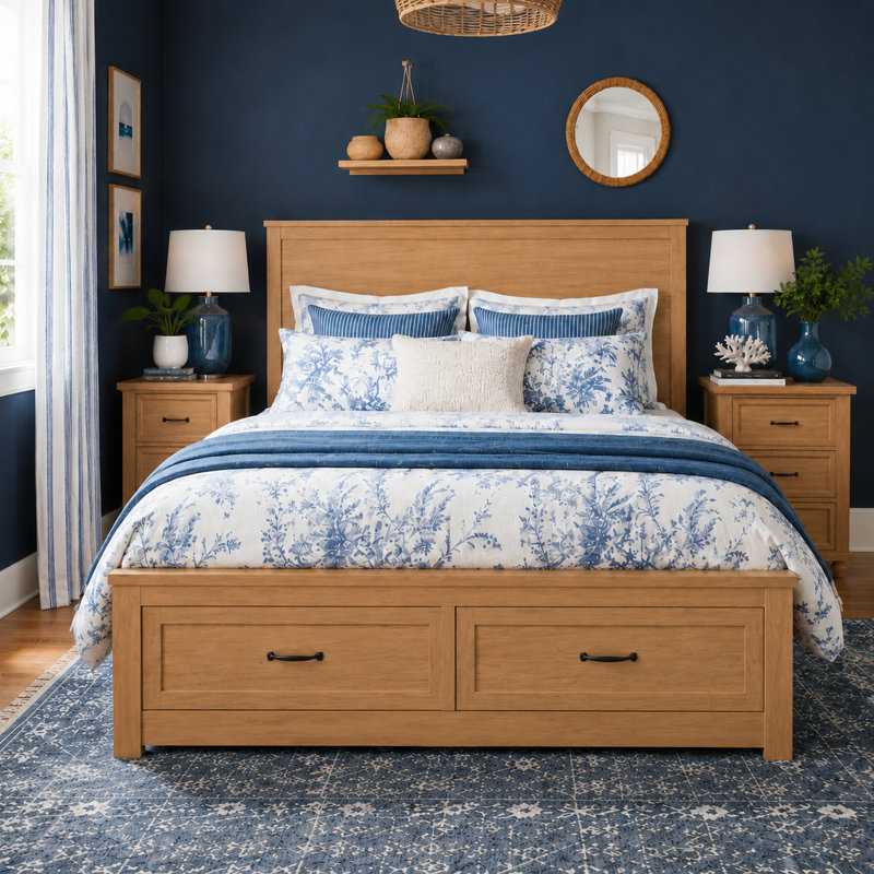 Modern Queen Size Platform Bed with 6 Storage Drawers and Wood Slat Support, Seadrift