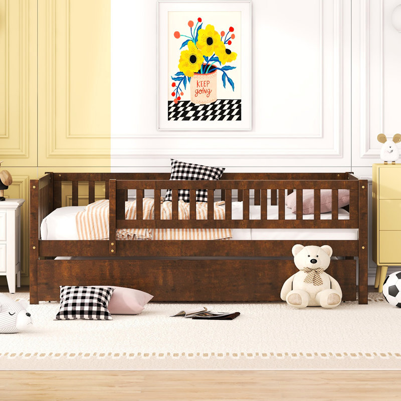 Lit de jour simple en bois avec couchette et garde-corps, style noyer alléchant, Twin, Walnut