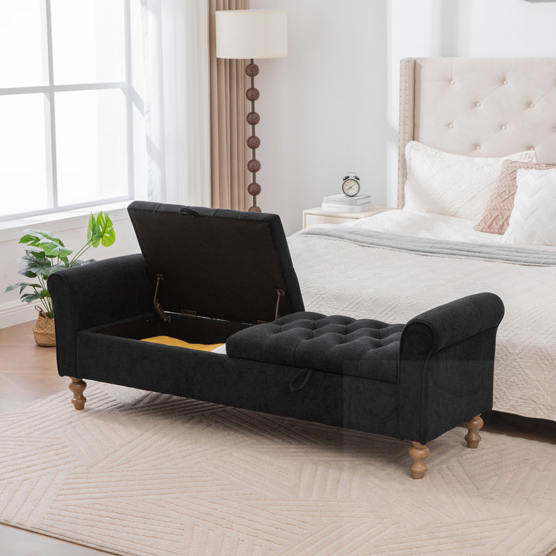 Banc de rangement rembourré avec couvercles doubles et accoudoirs roulés, Noir
