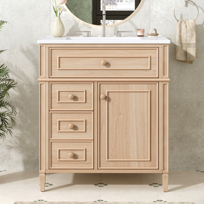 Bathroom Vanity With Sink, Solid Wood & MDF Cabinet, Flip-Out Drawer, 2 Soft-Close Drawers, 1 Soft-Close Door, Elegant Wood Handles
