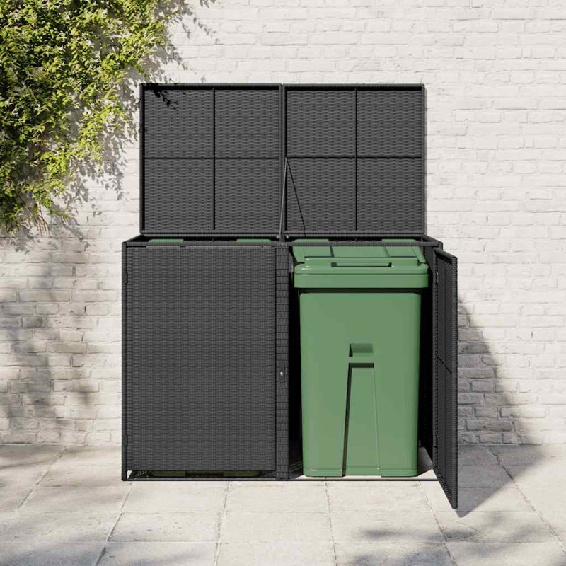 Double Wheelie Bin Shed with Lid and Lockable Doors, Poly Rattan 31.5"x58.3"x43.7" Black, Anthracite