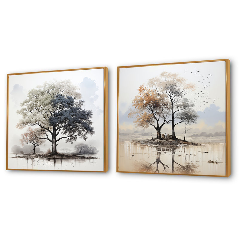 Élégance subtile de l'arbre monochrome, Cadre flottant doré, H 30 po x l 61 po