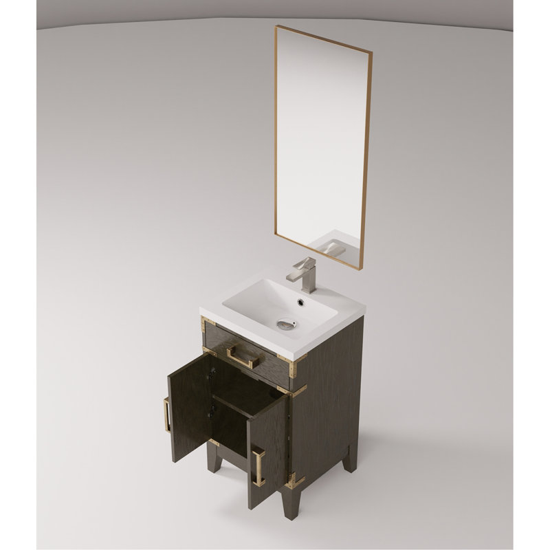 Meuble-lavabo simple en chêne brun avec comptoir et robinet en acrylique - Éléments de salle de bain modernes et essentiels de luxe pour le comptoir