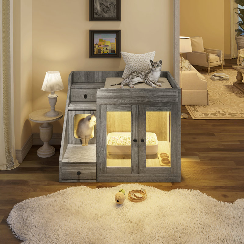 Enceinte de litière pour chat avec lumière, meuble de litière caché avec 2 tiroirs de rangement, table d'appoint pour chat pour le salon