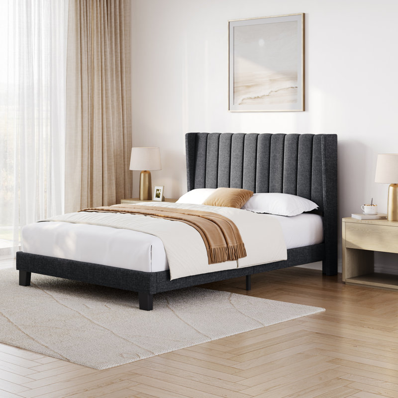 Upholstered Bed Frame with Channel Tufted Headboard, Dark Grey, Kingsize (5')