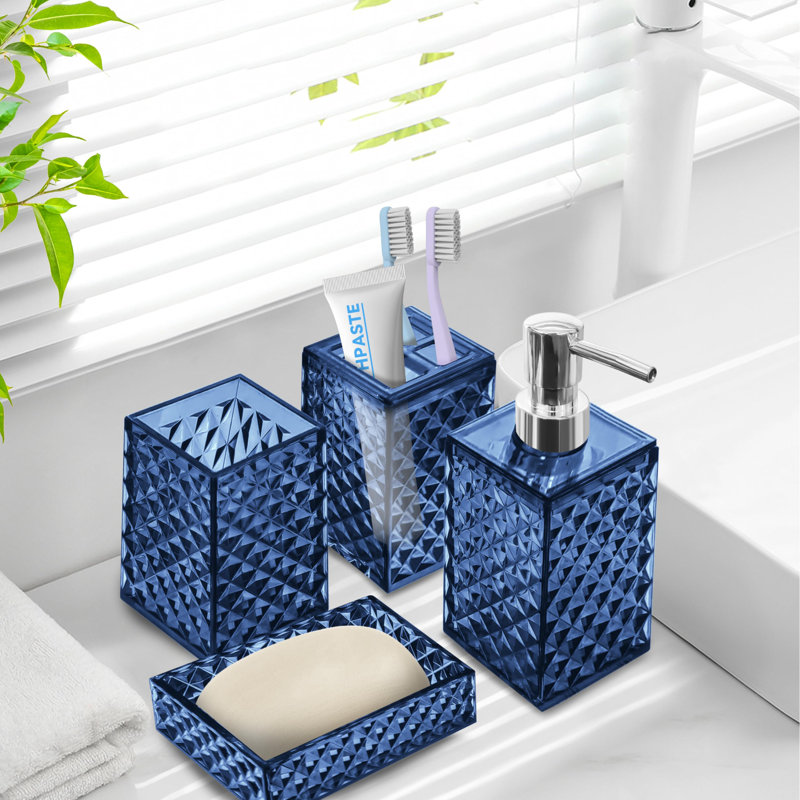 Ensemble d'accessoires de salle de bain, 4 ensembles d'accessoires de salle de bain bleus, distributeur de savon et porte-brosse à dents, porte-savon et gobelet, décoration de salle de bain Boho, accessoires de salle de bain