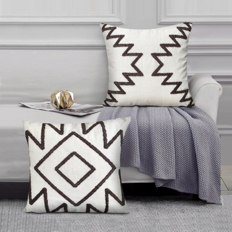 17 x 17 Inch White and Gray Cotton Embroidered Throw Pillow Set