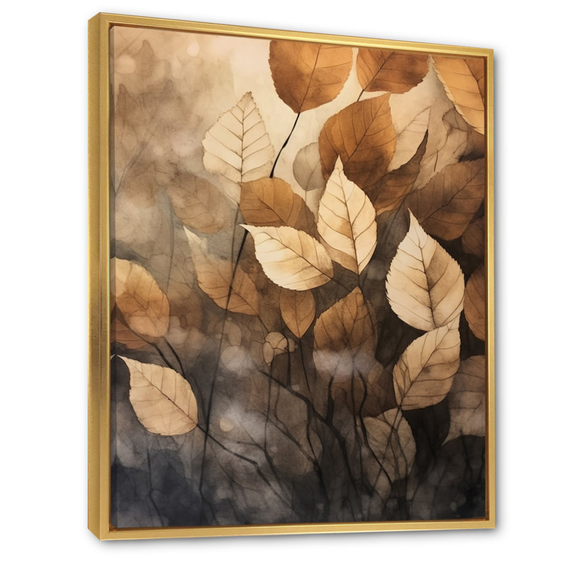 «Brown Beige Leafs Harmony V», reproduction sur toile, Cadre flottant doré, H 32 po x l 16 po x P 1 po