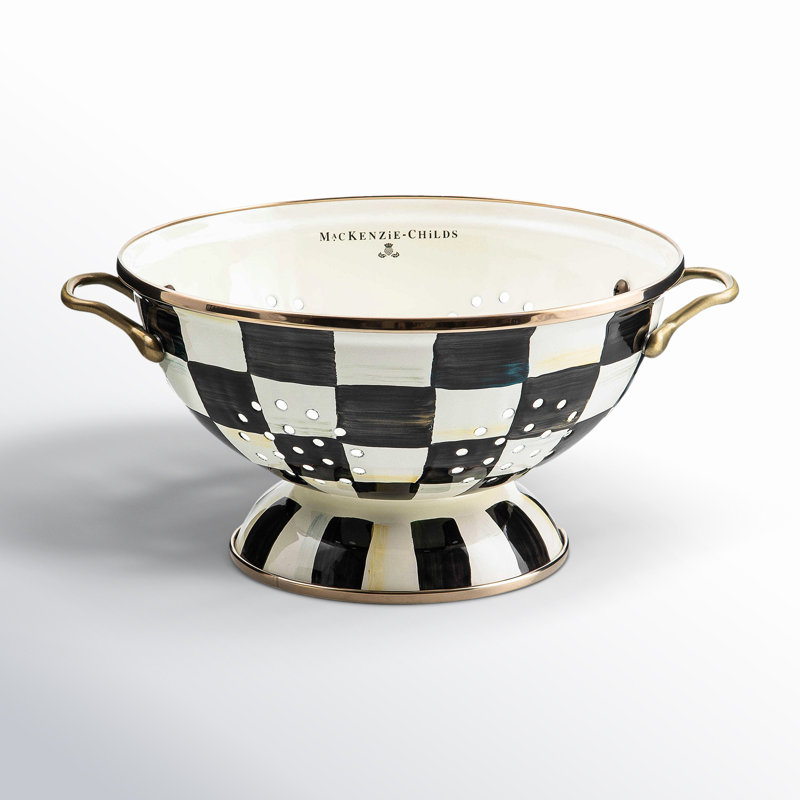 Courtly Check Hand-Painted Enamel Colander with Brass Handles