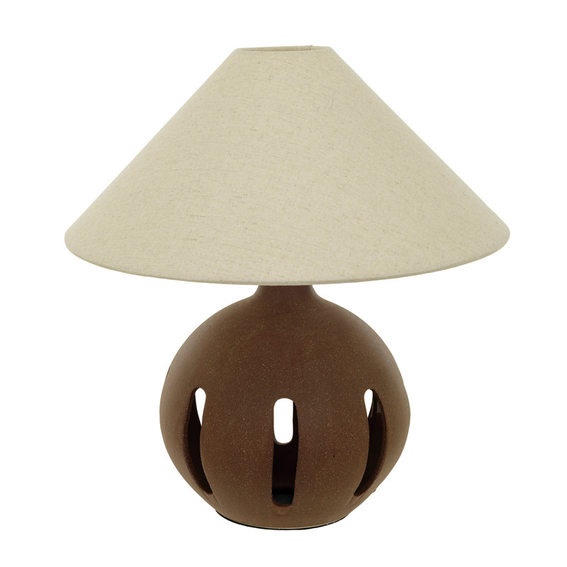 Brown Ceramic Table Lamp with Natural Linen Shade and Cut-Outs