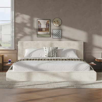 AirFrame King Bed Frame with adjustable Sliding Side Table, 8.7'' Cloud Upholstered Sponge Cushion, Easy Assembly (Off-White).