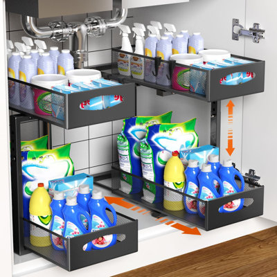2 Pack Under Sink Organizer, 2 Tier Metal Pull Out Under Sink Storage With Sliding Mesh Drawers, Height Adjustable Slide Out Under Sink Organizer For Kitchen Bathroom Cabinet, Black