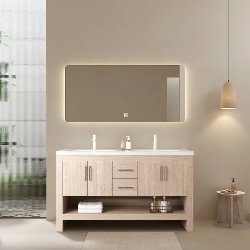 Meuble-lavabo de salle de bain 60 po, 2 lavabos, lavabo intégré en acrylique, armoire en contreplaqué, chêne, 4 portes, tiroirs, pré-assemblé, tablette ouverte de rangement haute performance, blanc et instructions d'installation faciles