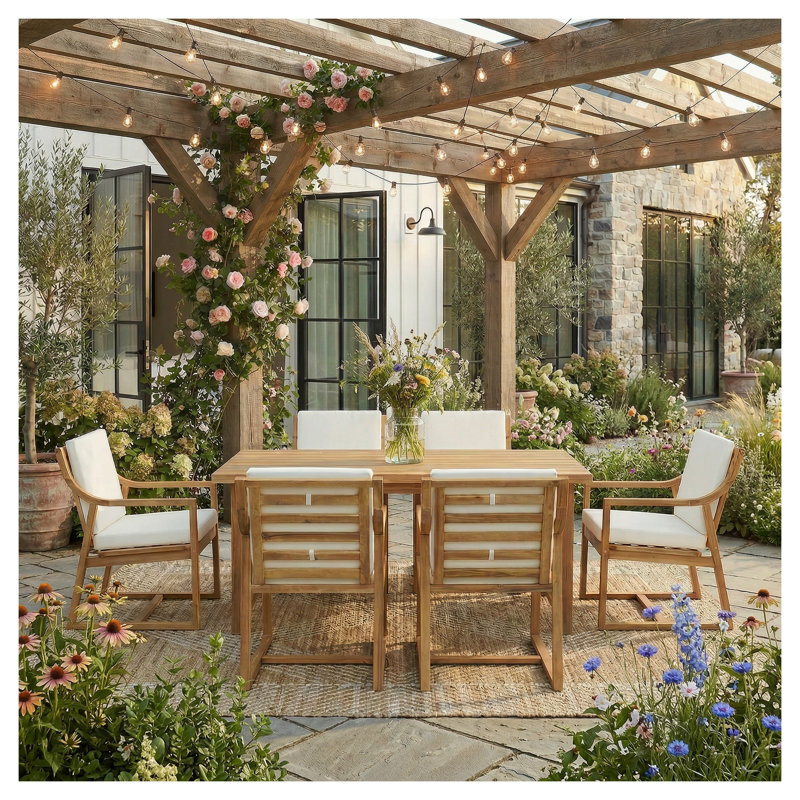 Ensemble de salle à manger 7 pièces pour l'extérieur - Table et chaises de patio modernes en bois d'acacia avec coussins beiges pour le jardin et la terrasse