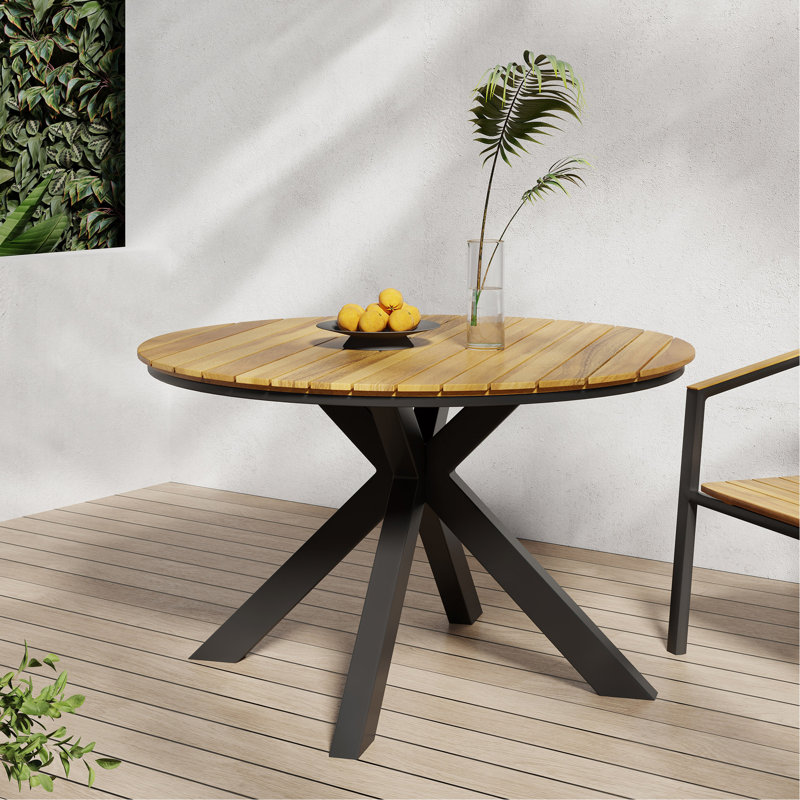 Table de salle à manger d'extérieur, plateau en bois d'acacia et pieds en métal