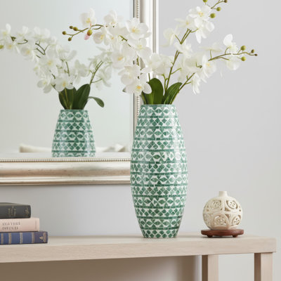 Vase décoratif Kane, motifs géométriques, incrustation de Capiz vert-blanc 20 pouces