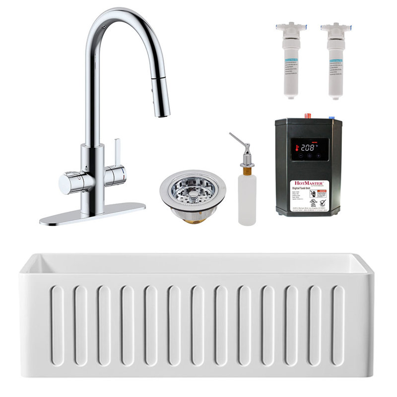 Évier de cuisine à simple cuve à tablier frontal 33 po L, Chrome poli