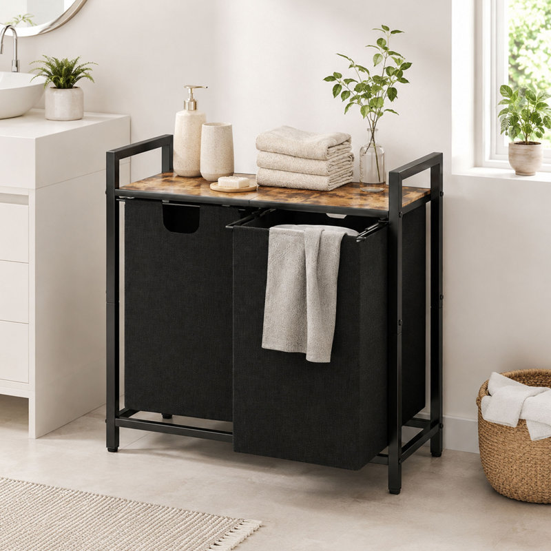 Rangement pour panier à linge, panier à linge en métal avec tablette et 2 sacs à linge amovibles