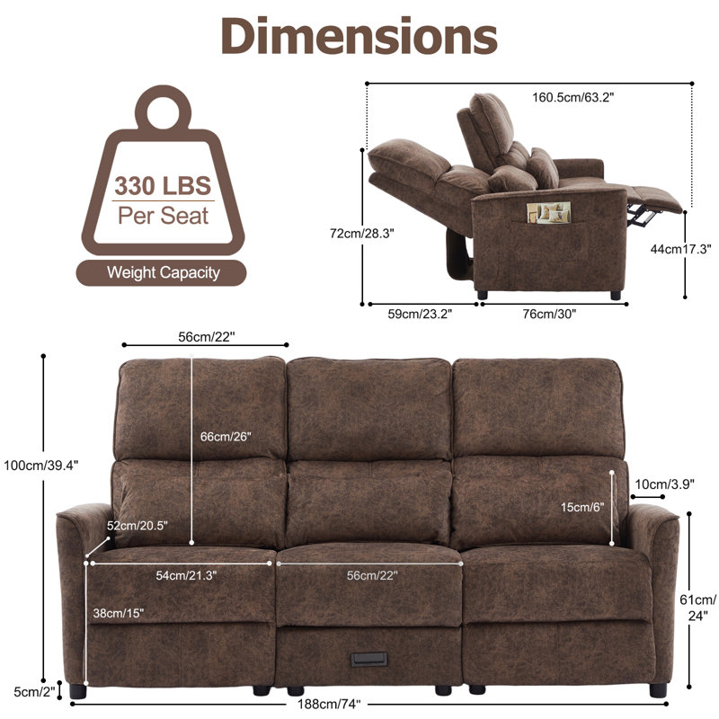 3-Seater Manual Reclining Sofa With Flip Console, Cup Holders, USB & Type-C Charging, Hidden Drawer & Side Pockets