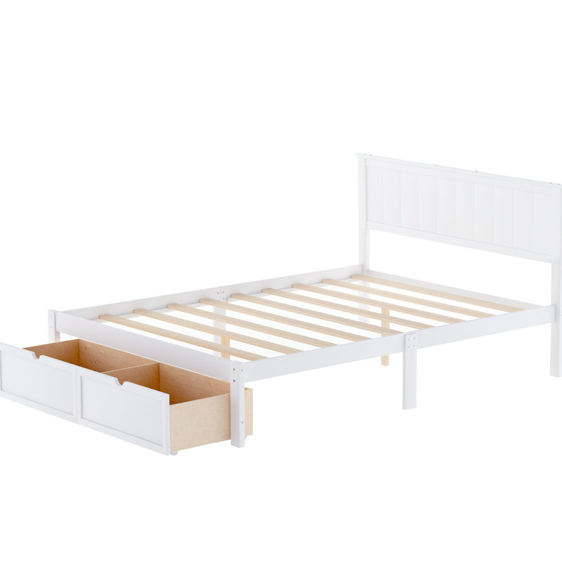Lit plateforme blanc avec capacité généreuse sous le tiroir en pin et pour une chambre à coucher spacieuse. Tiroirs en matériaux délicats de qualité.