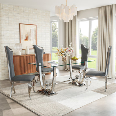 Modern Rectangular Glass Dining Table Set, Tempered Glass Top, Polished Stainless Steel W-Shaped Base, And High-Back Chairs With X-Shaped Legs