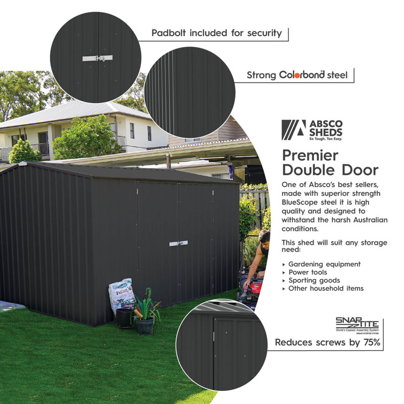 Absco Premier 10' W x 10' D Metal Galvanized Steel Weather Resistant Storage Shed Monument Gray, Dark Gray