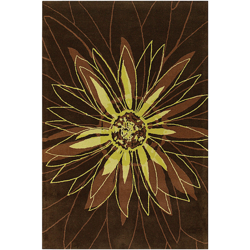 Tapis d'intérieur en laine brun et jaune, tufté à la main, à motif floral médaillon., Brun/brun clair