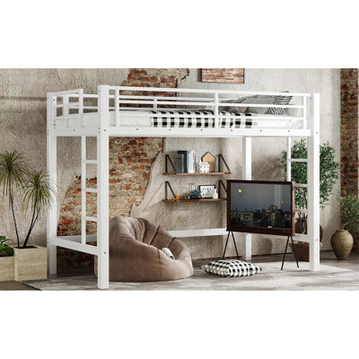 Lit mezzanine simple en métal blanc avec échelles doubles, structure stable pour dormir en toute sécurité et fonction de rangement en blanc, double accès structurellement fiable