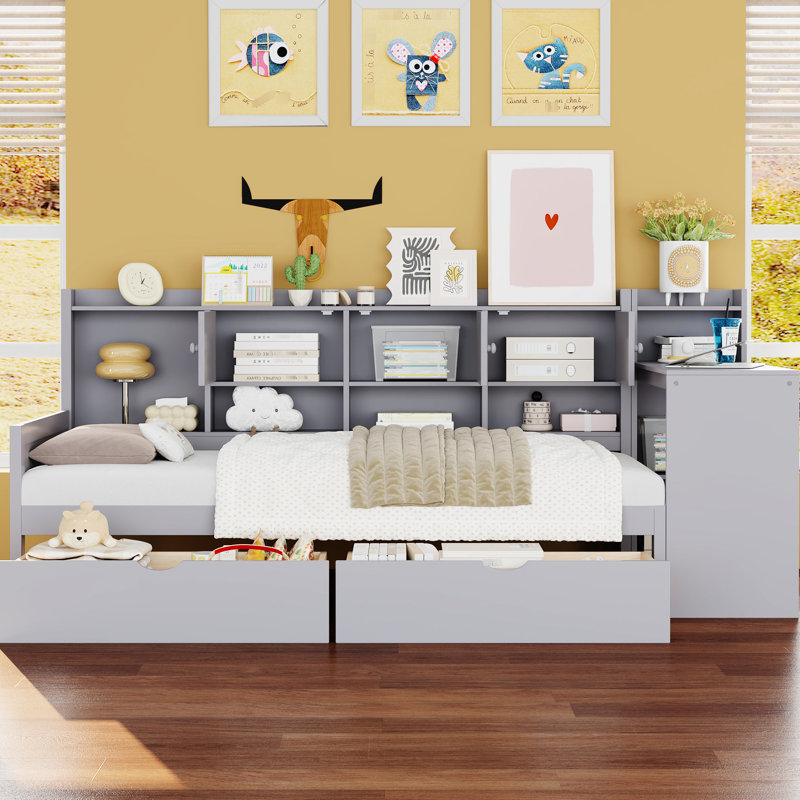 Lit de jour simple avec 3 armoires de rangement, 2 tiroirs, bureau réglable et tablette intégrée - Bois pour une étude de durabilité