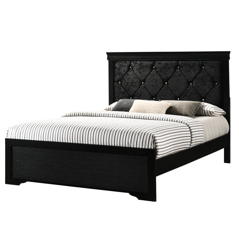 Lit double moderne à panneau noir avec tête de lit tapissier et capitonnage à boutons étincelants