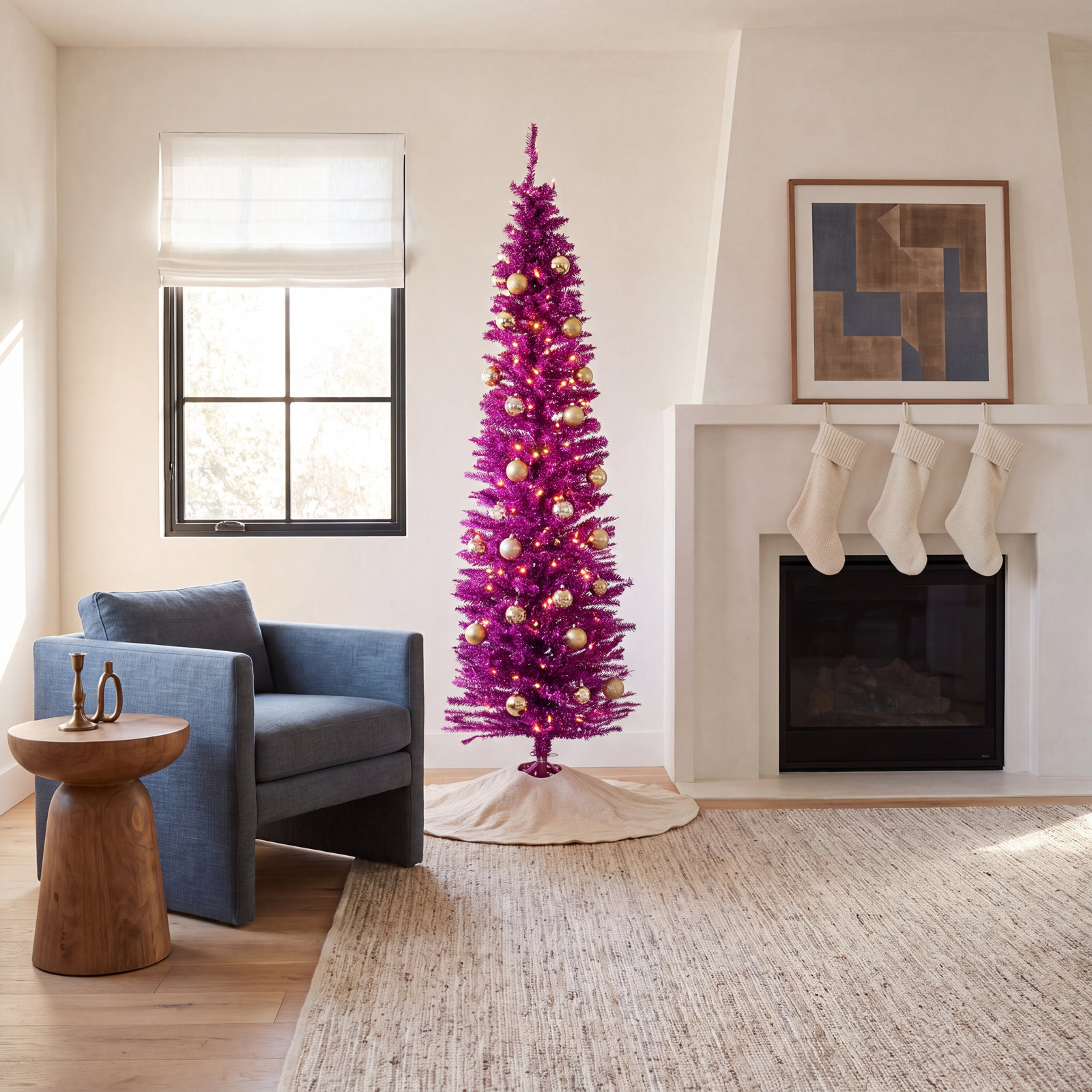 Flocked Pre-Lit Pink Pine Christmas Tree, 7'