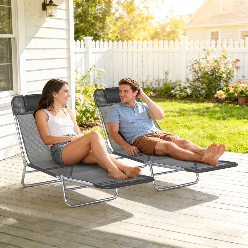 2 Piece Sun Loungers, Folding Chaise Lounge Chairs With Reclining Back, Breathable Mesh Seat, Headrest, Black, Black