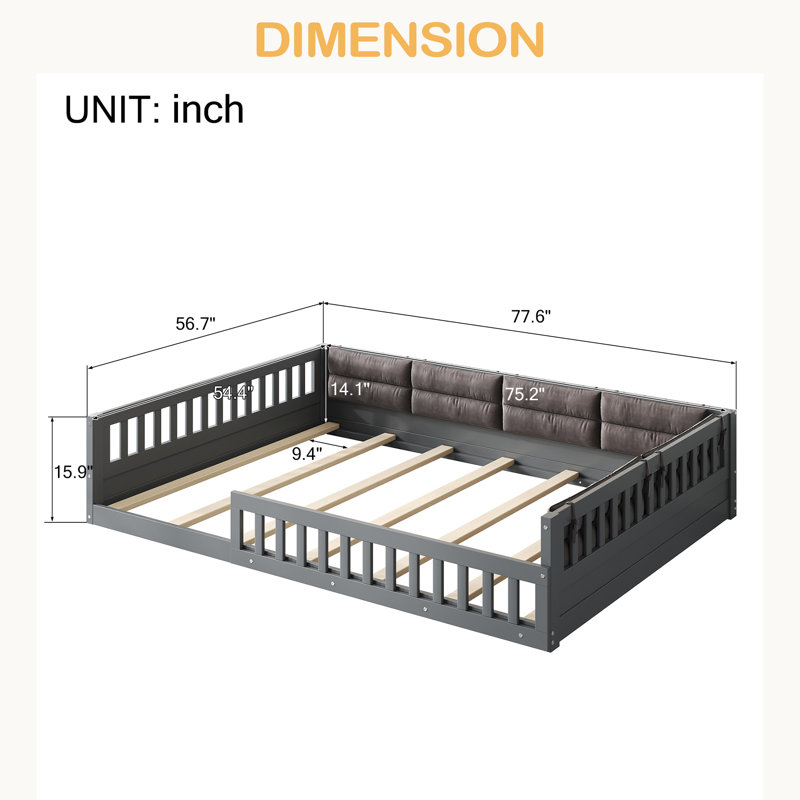 Lit plateforme tapissier en bois pleine grandeur avec garde-corps et coussin, Gris