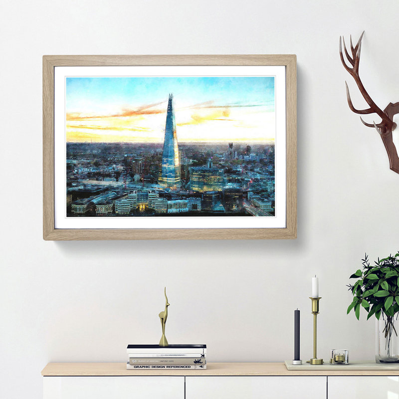 The Shard London England Skyline - Picture Frame Painting Print, Oak Framed, 24cm H x 33cm W x 2cm D