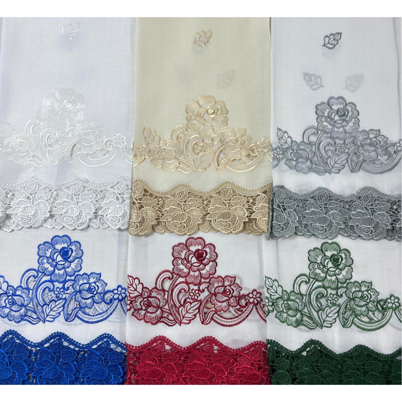 Lace Rosarium Elegant Kitchen Curtains Set - 3PCS Romantic White Window Valances With Delicate Rose Embroidery & Charming Lace Trim, Timeless Floral Design Adored By Families， Grey