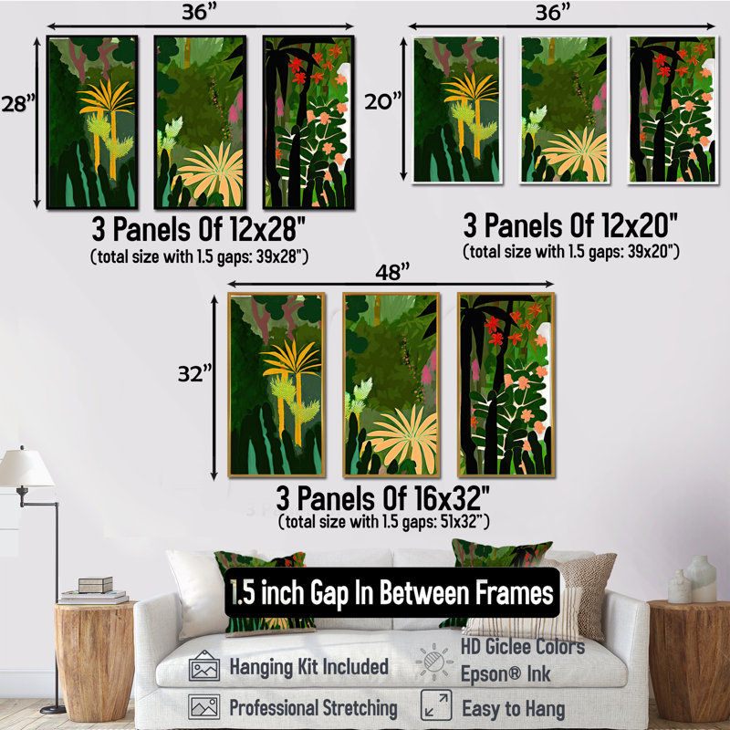 «Blossoming And Vibrant Jungle Flora V», ensemble d'art mural sur toile floral et botanique, H 28 po x l 36 po x P 1 po