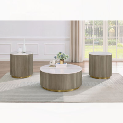 White 3-piece Round Marble Coffee and End Table Set