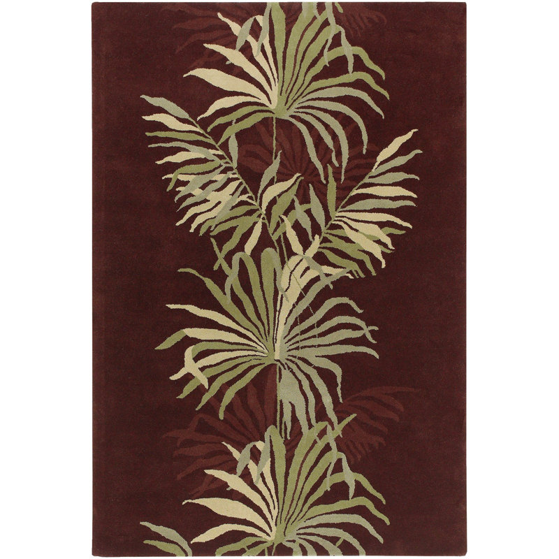 Tapis botanique tropical en laine touffeté à la main brun, crème et vert Cianie, Rectangle 5 pi x 7 pi 6 po