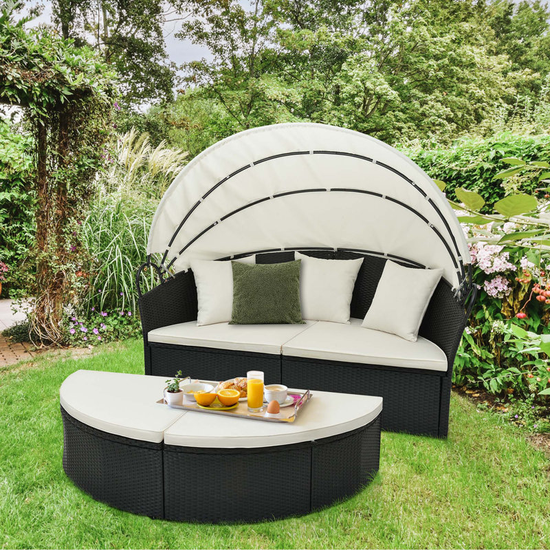 Bertena 76'' Wide Curved Steel Patio Daybed with Cushions, Off White