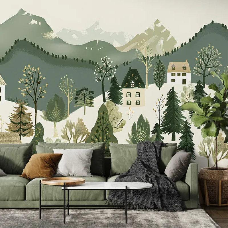 Murale fantaisiste forêt alpine village, L 108 po x l 96 po