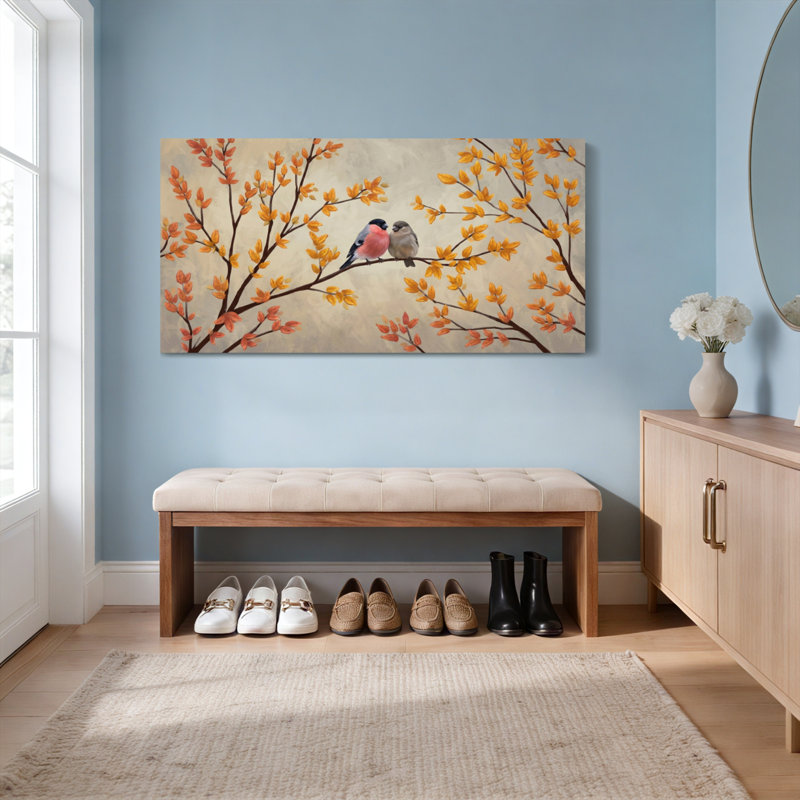 Ensemble de 1 tableau sur toile tendue représentant des oiseaux sur des branches d'automne, H 16 po x l 32 po
