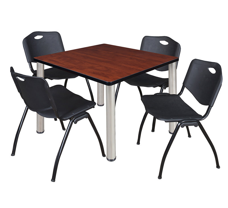 Plateau de table Kee Square, 4 chaises empilables, H 30 po x l 29 po x P 29 po, Cerisier, Chrome