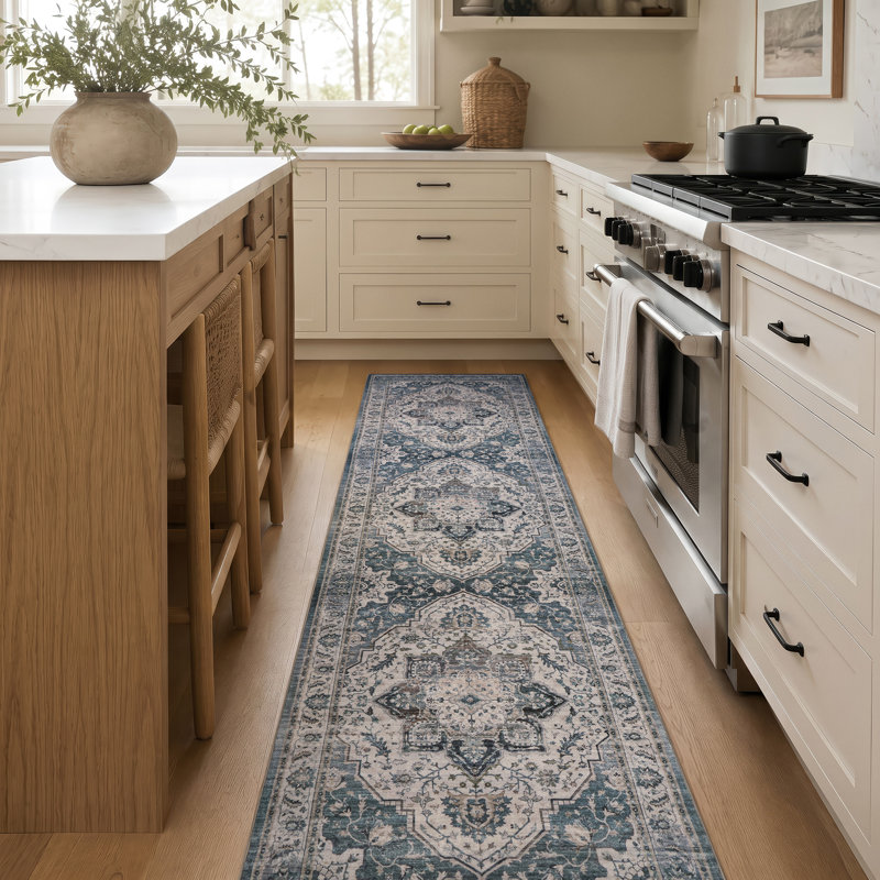 Tapis bleu marine antidérapant rétro, 2 pi x 10 pi