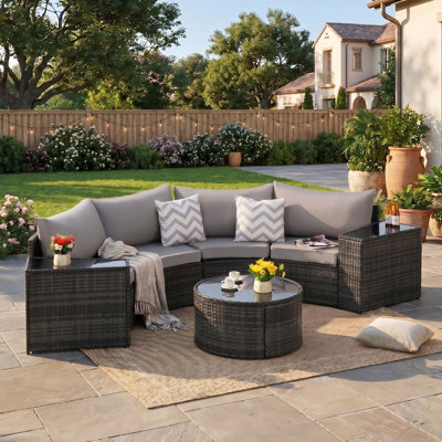11 - Piece Half-Moon Outdoor Wicker Round Sectional Sofa Set with Coffee Table for Patio, Garden, Deck, Pool