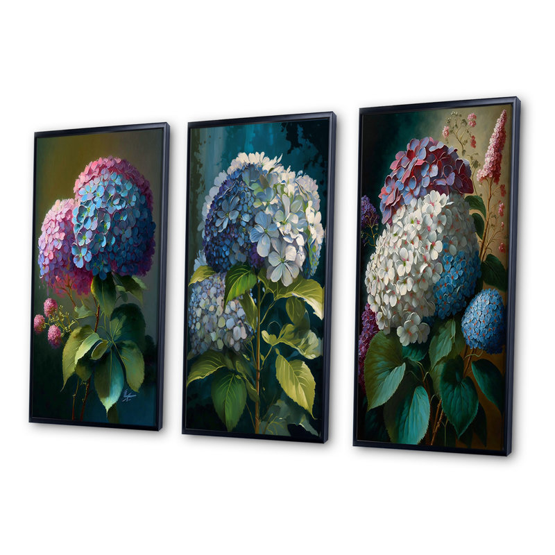 «Hydrangea Bouquet Retro Illustration», 3 pièces, H 20 po x l 36 po, Cadre flottant noir
