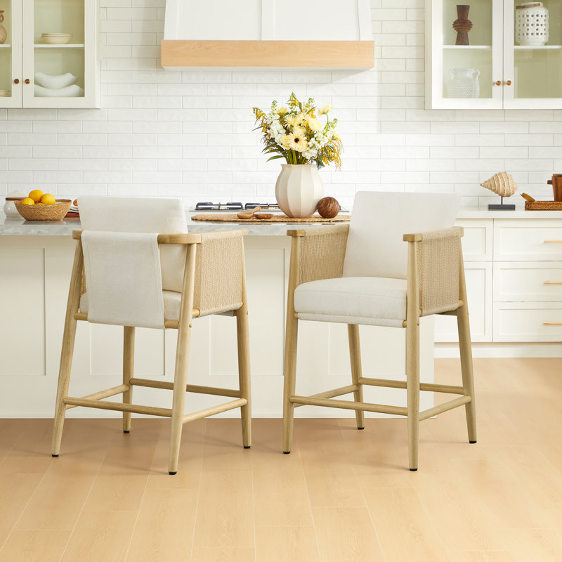 Upholstered Counter Stools with Hand-Woven Rope Arms, Cream