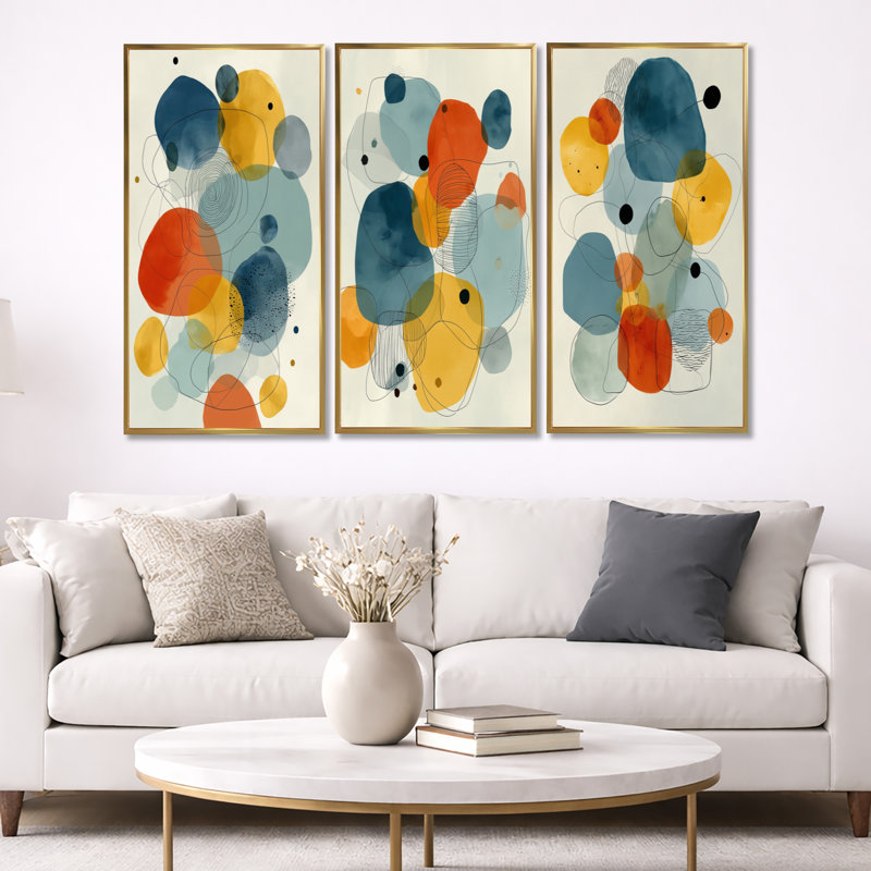 «Minimalist Meditation Stone Collage II», ensemble de 3 toiles abstraites bleues Mid-Century, H 32 po x l 48 po