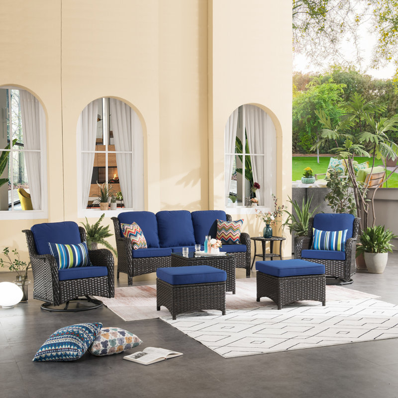 Wicker/Rattan 5 - Person Seating Group With Cushions, Blue, Brown