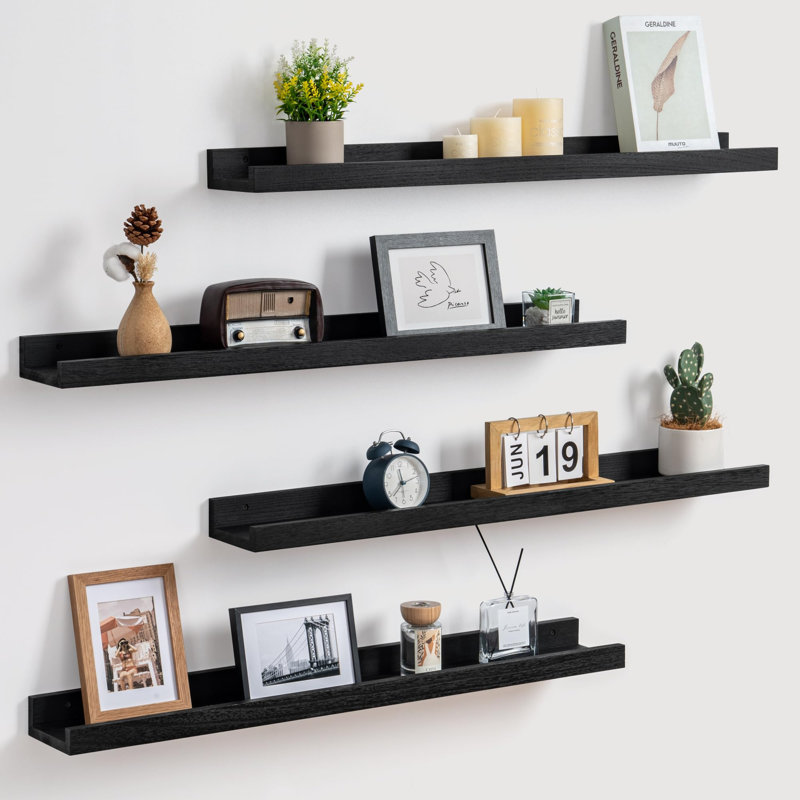 Tablettes murales en bois massif 4 pièces pour rangement mural et étagères en bois rustique, H 2 po x l 24 po x P 5 po, Black