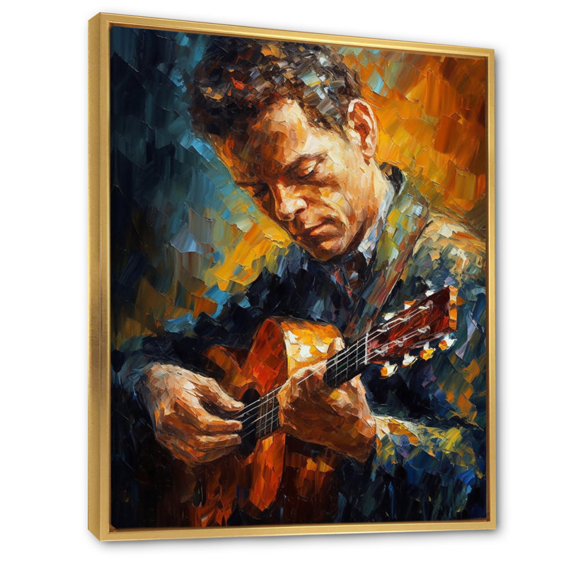 Musicien jouant de la guitare I sur toile, H 32 po x l 16 po x P 1 po, Cadre flottant doré